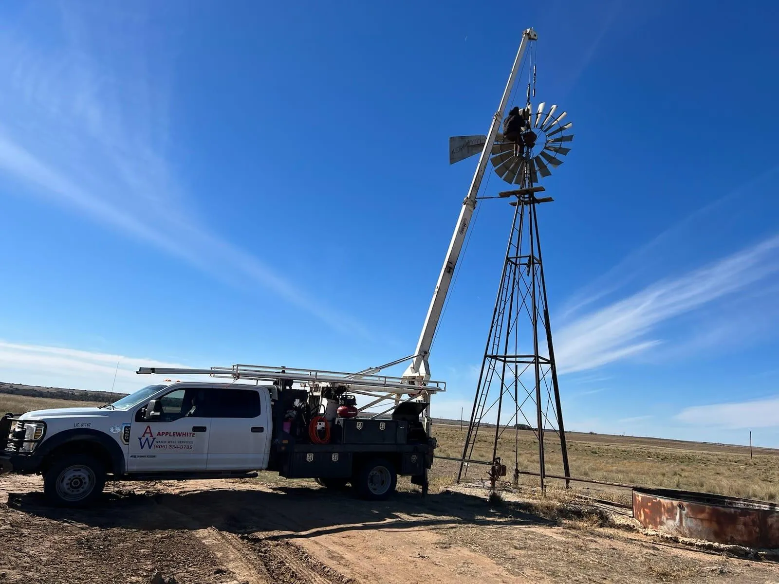 Applewhite Water Well service truck drilling rig at a Texas Panhandle ranch well site